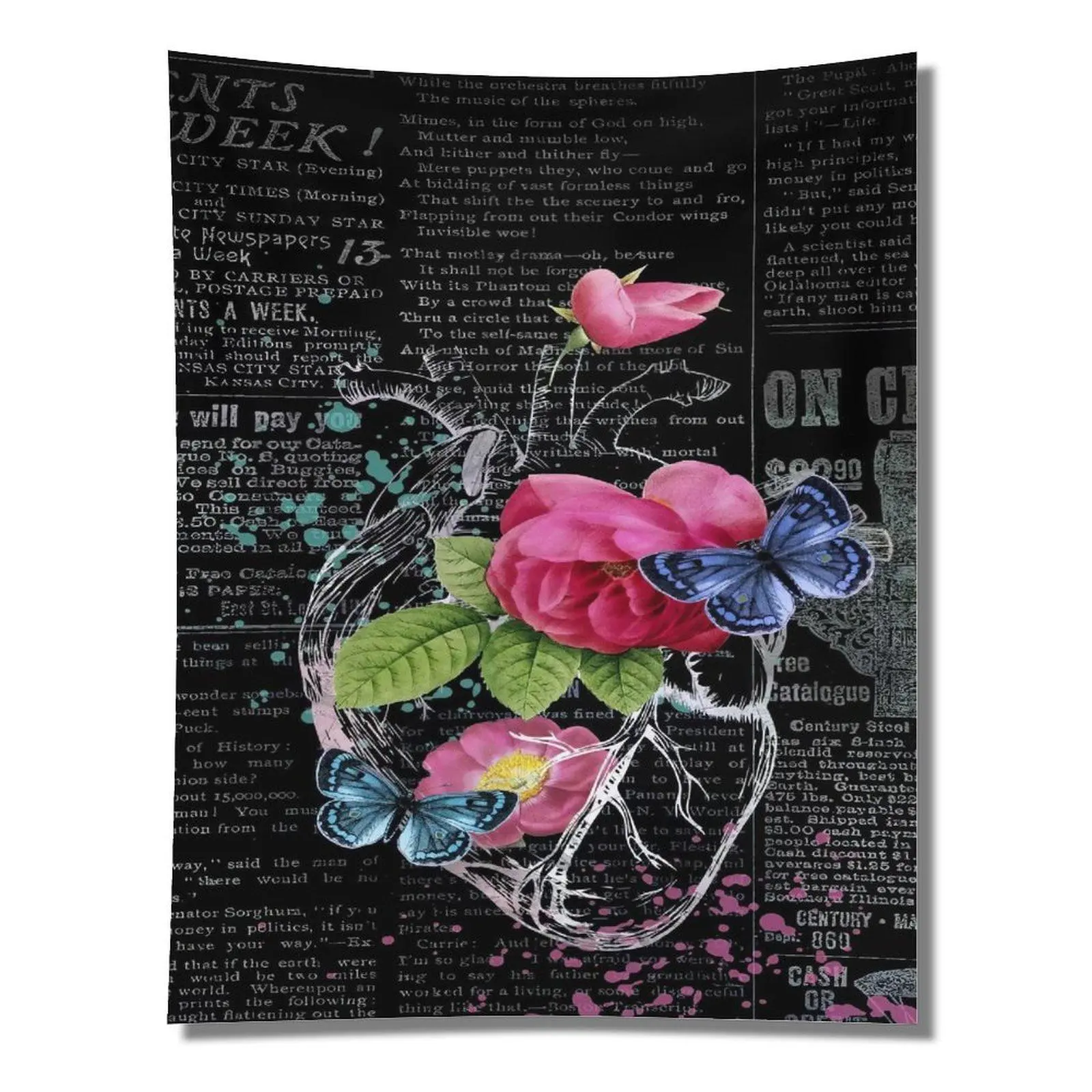 Vintage Newspaper Skull Pink Rose Blue Butterfly Grunge Collage Wall Tapestry Wall Hanging, Dark Academia Romantic Gothic Bedroom Decor Ornament