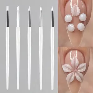10-Piece Nail Art Brush Pen Set Silicone Press Pen White & Pink for Acrylic Flower Nail Trimming Carving Embossing Sculpting Dotting Manicure Tool 30G