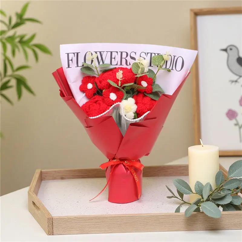 Handmade Crochet Red Rose Mixed Flower Bouquet, Knitted Everlasting Yarn Artificial Flowers, Red Wrapped Floral Arrangement Gift For Valentine's Day, Anniversary, Birthday, Wedding & Home Decor
