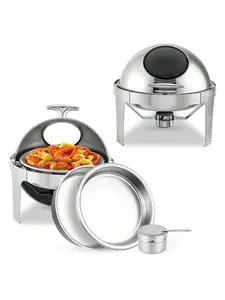Commercial Roll Top Chafing Dish Buffet Set, 6.8 Qt Full-Size Round Stainless Steel Pan, Detachable Lid with Visible Window, Roll Top Closure, Kitchen Utensils