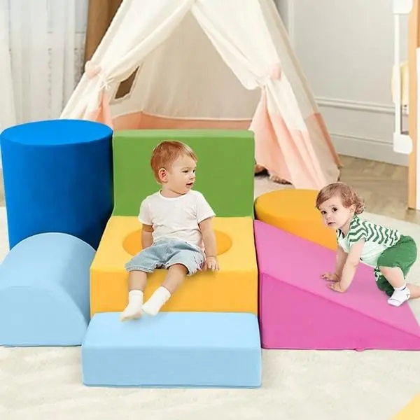 Winzoo 7-Piece Small Unisex Velvet Soft Play Climbing Set - Nursery Sensory Equipment for Ages 1-3, Colorful Foam Blocks, Cylinder, Small Round Ball Pit, Semicircle, Stair, Triangle, Indoor Modular Crawling Sliding Toy