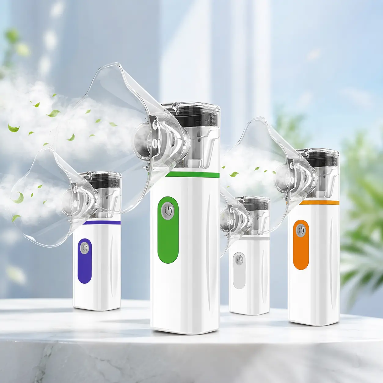 Portable Mesh Nebulizer (4-Color Options: Green, Blue, Gray, Orange) - Handheld Nebulizer, 1-Button 2-Level Mist Control, Low-Noise Operation, Includes Adult Mask, Child Mask, Mouthpiece
