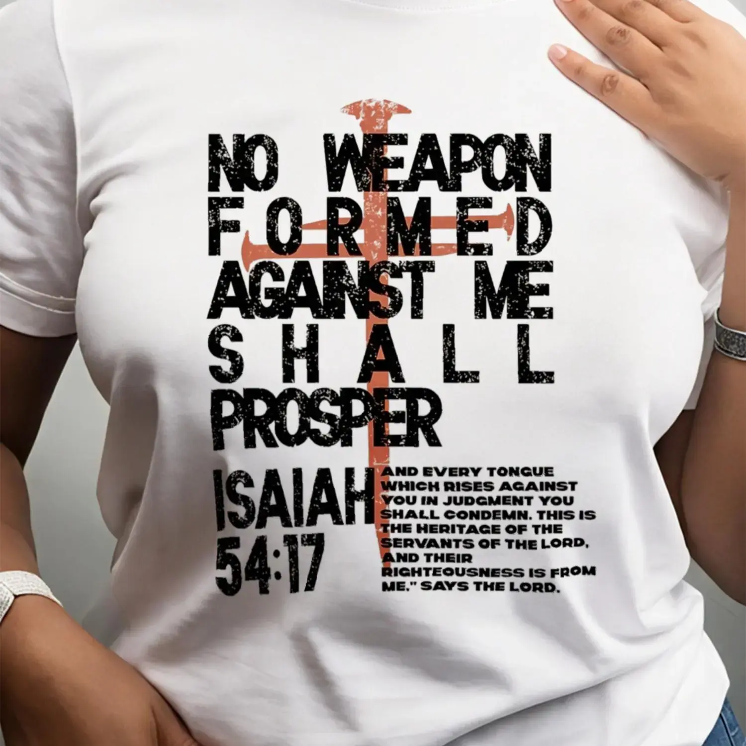 Women's Christian T-Shirt "No Formed Against Me Shall Prosper" Isaiah 54:17 Verse - 100% Oversized Fit Short Sleeve Crew Neck Tee, All-Season Casual Wear & Christmas Thanksgiving Gift for Church, Prayer Apparel