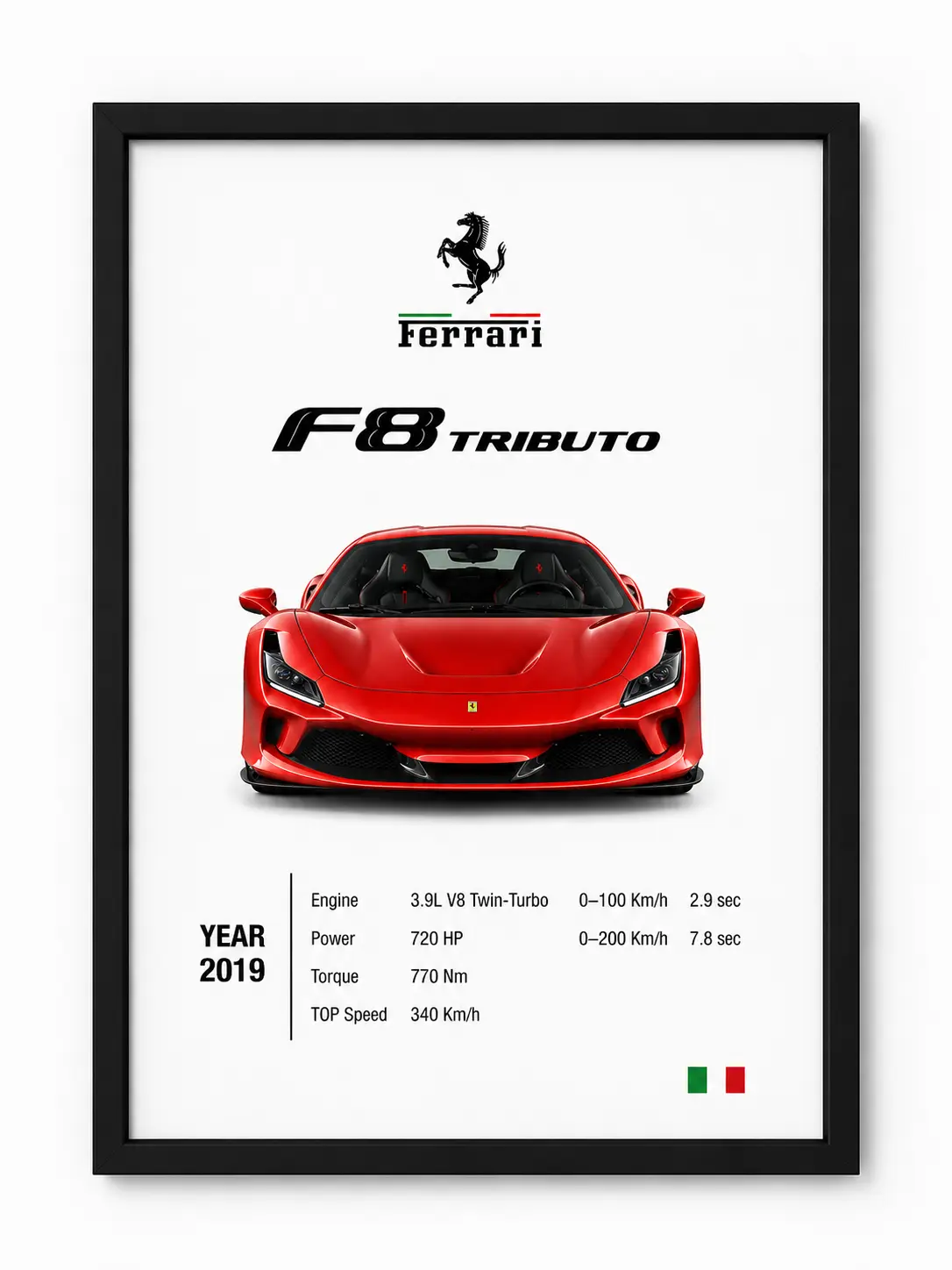 Ferrari F8 Tributo Creative Design Print Artistic Poster, Luxury Black Framed Aerodynamic Designs Wall Decor, Decoration Items for Man Cave-Office, Celebration of Automotive Passion Gift for Car Lovers (Captures Speed Thrill), Sports