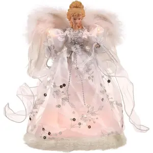 Lighted White and Silver Angel Christmas Tree Topper with Clear Lights, 12"