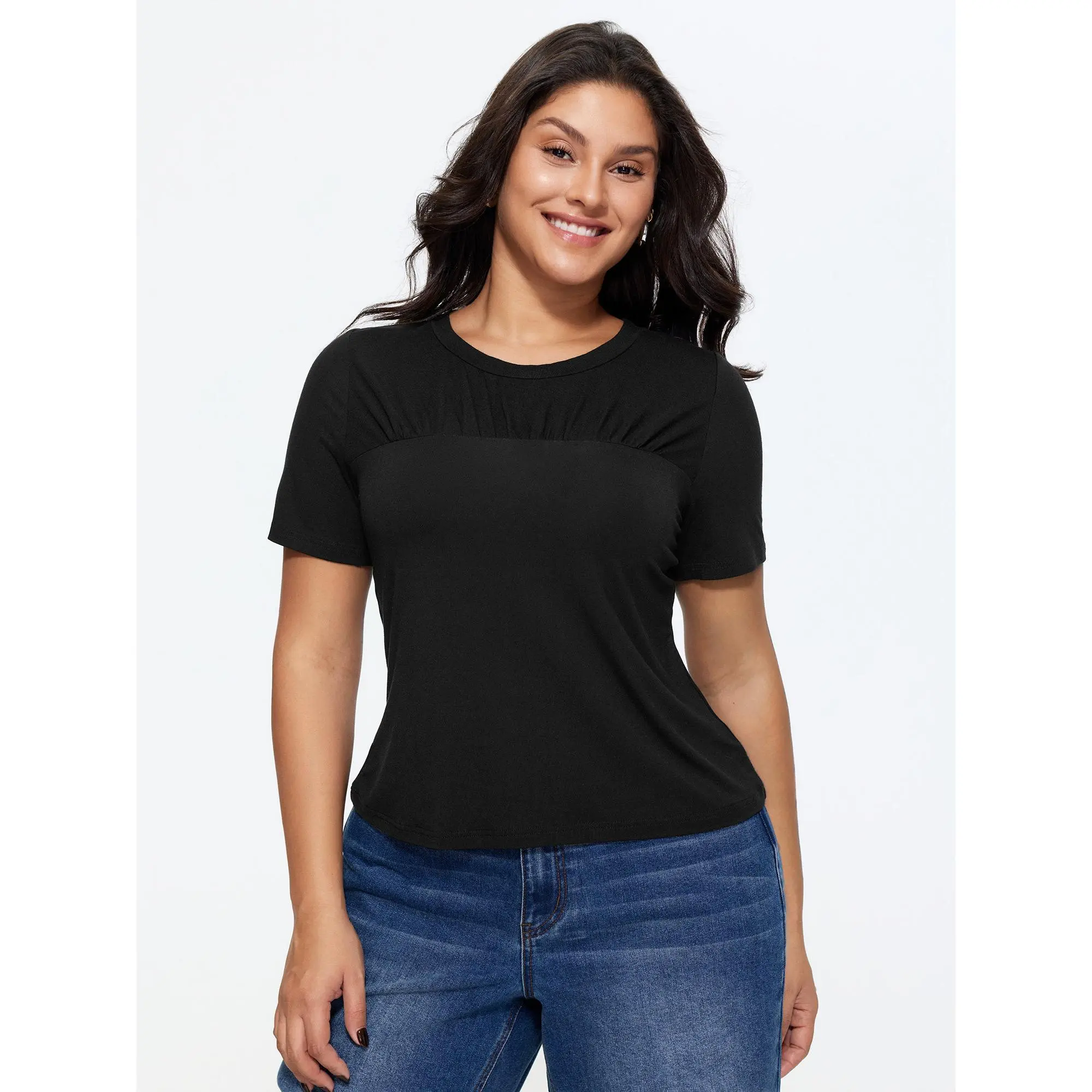 BloomChic Plus Size Casual Solid Ruched Short Sleeve Fitted Cropped T-Shirt in Supersoft Rayon Spandex, Garment, Basic, Shortsleeve, Tshirt, Fabric, Minimalist, Cropped Length, Casual Wear, Low Iron, Plus Size Tops, T-Shirt Top, Lady, Fitted Cut, Rayon Bl