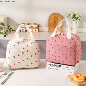 Cute Strawberry & Floral Corduroy Insulated Lunch Bag - Reusable Thermal Tote Bag with Handle, Leakproof Cooler Bag for Work School Picnic, Kawaii Lunch Box Organizer