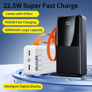 50000mAh Portable Charger Power Bank Built-in Cable, 22.5W PD USB C In & Out Fast Charging, External Battery Pack with 6 Output & 3 Input, Travel Phone Charger for iPhone 17/16/15/14/13/12 Samsung , Android etc. for Travel Camping Essential