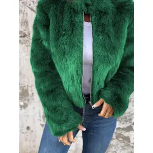 Women's Green Faux Fur Cropped Jacket - Zipper Front, Plus Sizes 0XL-4XL, Cozy Stylish Outerwear for Fall/Winter, Soft Fluffy Fabric, Loose Fit, Perfect for Casual Outings & Daily Wear