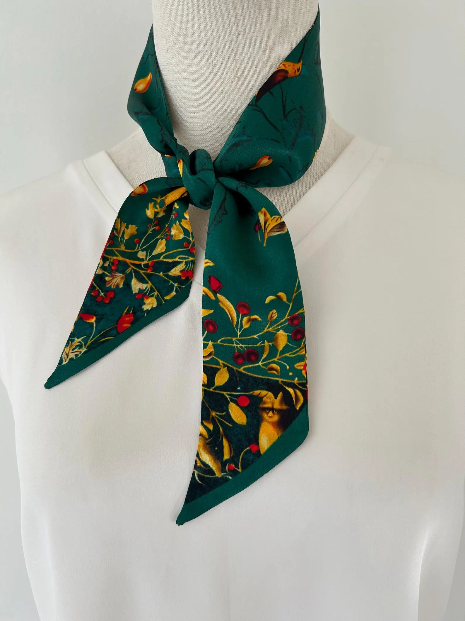 Mulberry Silk Skinny Scarf: Emerald Green Birds Forest Neck Bow, Bag tie, Hair Accessory