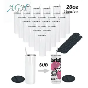 25 Pack 20oz Sublimation Straight Skinny Tumblers Blank with plastic straw and rubber buttom stainless steel insulated coffee mug
