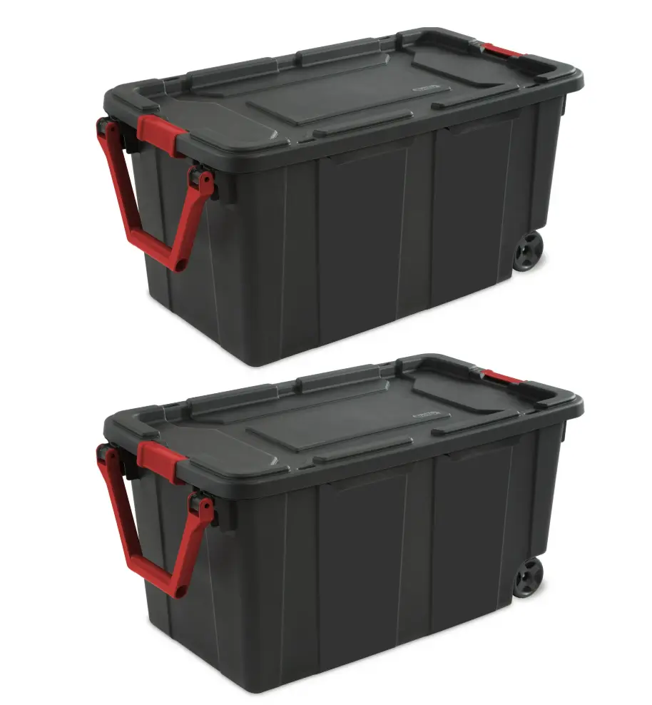 Extra-Large Wheeled Industrial Storage Bin, 40 Gallon Durable Plastic Storage Tote with Latching Lid and Pull Handle, Black, 2 Pack