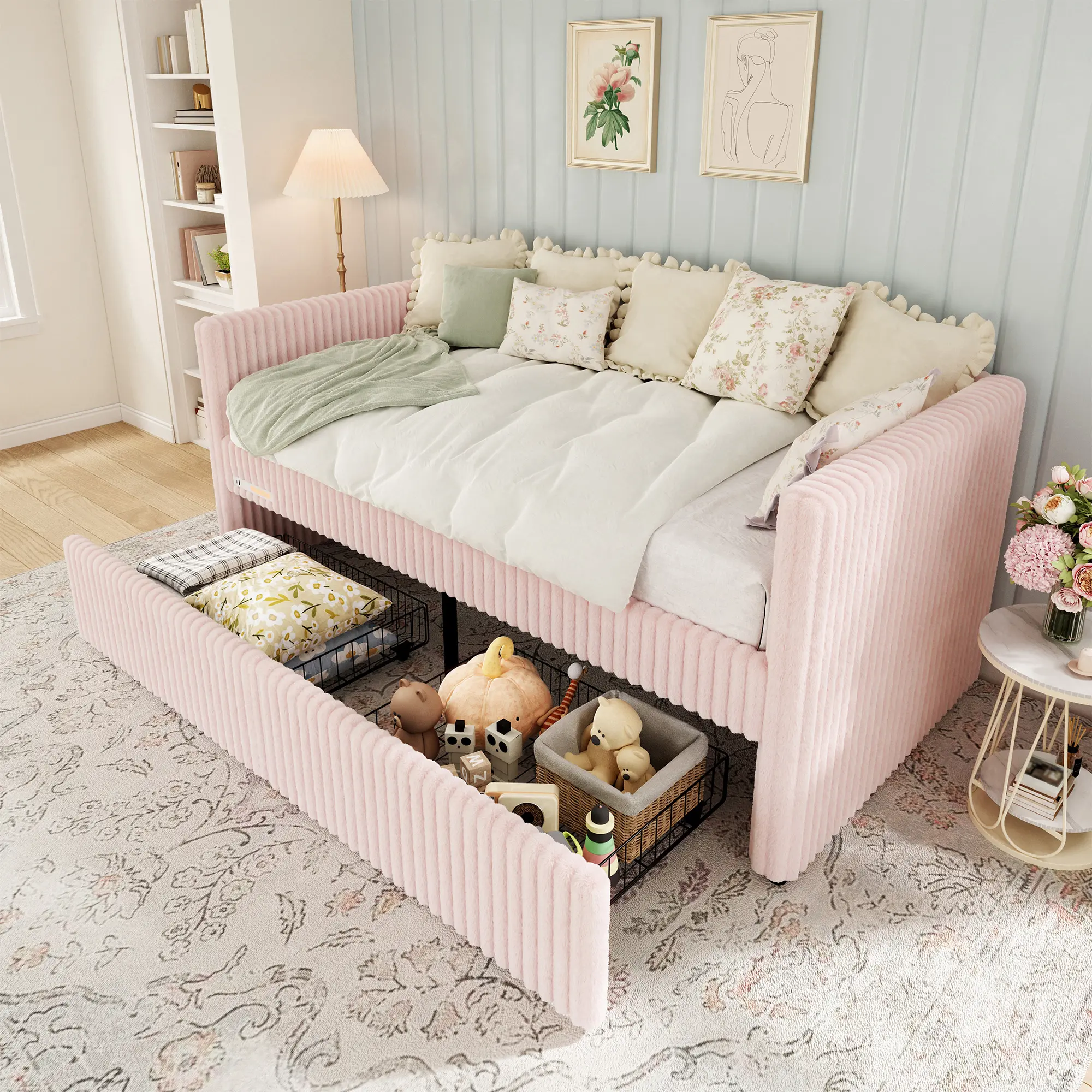 [SummerWins] [SummerFinds] ALBOTT Twin Size Corduroy Upholstered Daybed with 2 Storage Drawers, Bedside Pocket, Charging Function & Night Light, Easy Assembly, No Box Spring Needed, for Living Room, Bedroom
