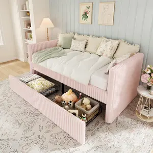 [Summervibes] ALBOTT Twin Size Corduroy Daybed with 2 Storage Drawers & Bedside Pocket, Upholstered Day Bed Frame with Charging & Night Light, Easy Assembly, No Box Spring Needed, for Living Room, Bedroom