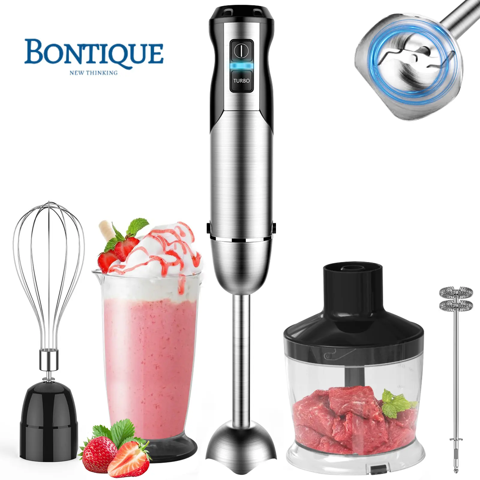 【Valentine's Day】BONTIQUE Hand Mixer Stick Blender, 400W 5-in-1 Multi-Purpose Hand Blender, 12-Speed Food Processor 600ml Beaker, 500ml chopper, Egg Whisk and Milk Frother, Black，Black Friday CyberMonday
