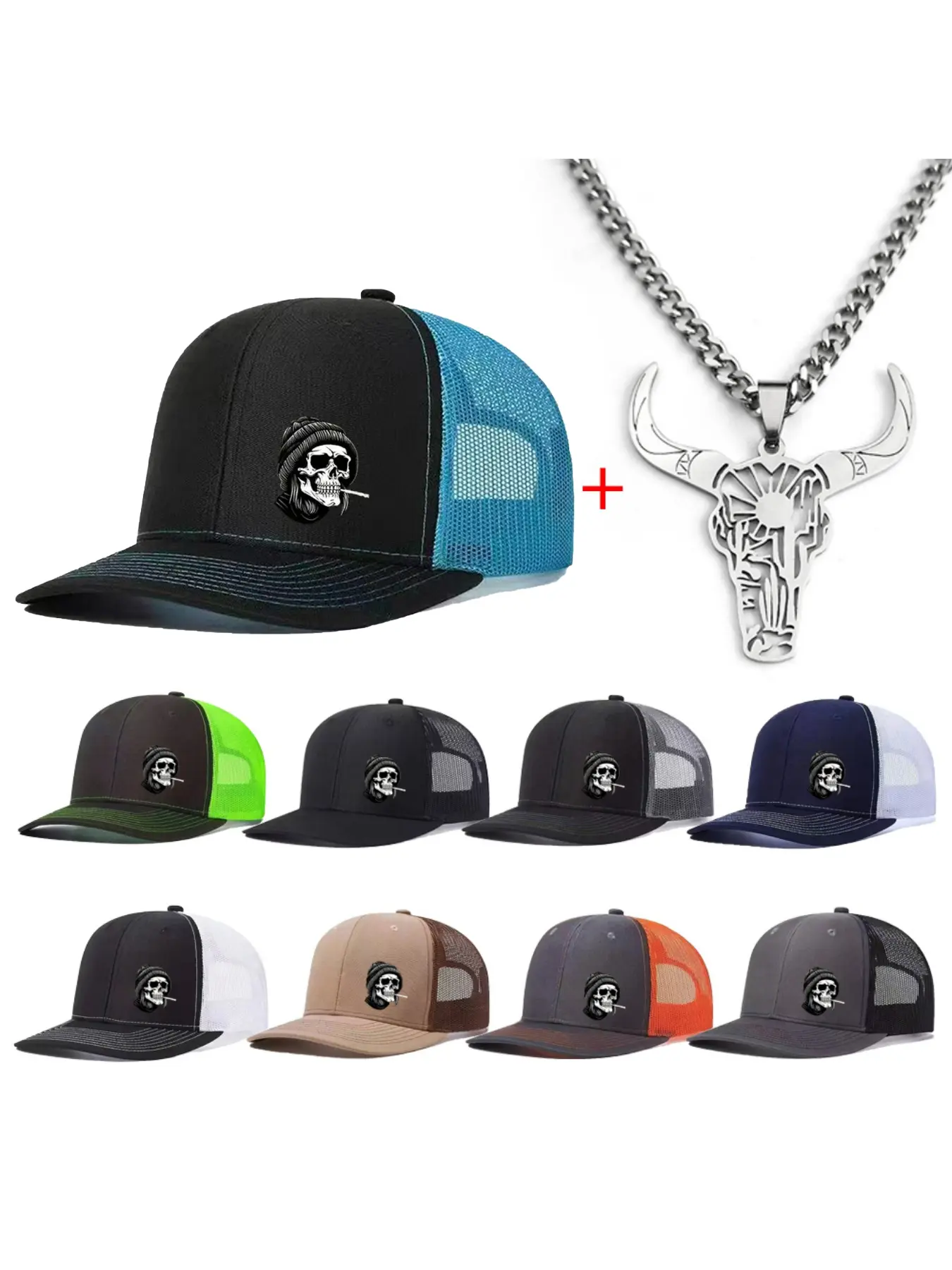 Unisex Baseball Cap & Bull Head Necklace Set, Fitted Hat Set, Halloween Skull Design, Casual Style, All-Season Wear, Adjustable Fit