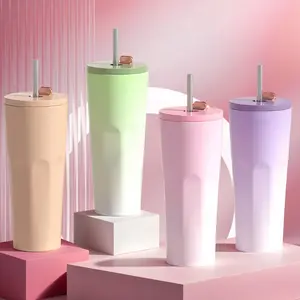 24oz Insulated Stainless Steel Tumbler with Straw- Leak-Proof Vacuum Sealed Travel Coffee Mug with Lid - Reusable Thermal Cup for Hot/Cold Drinks - BPA-Free, Round Shape, Ideal for Office/Home Drinkware Flasks Bottles Bottled Bottles Portable