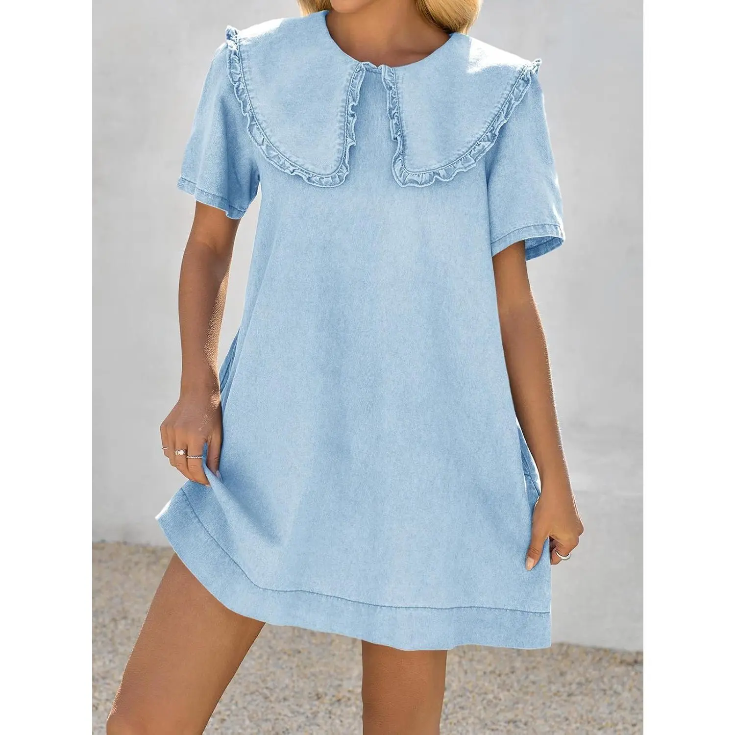 imily bela flowy mini dress Imily Bela Womens Summer Denim Mini Dress Oversized Peter Pan Collar Short  Sleeve Casual Flowy Babydoll Jean Dresses