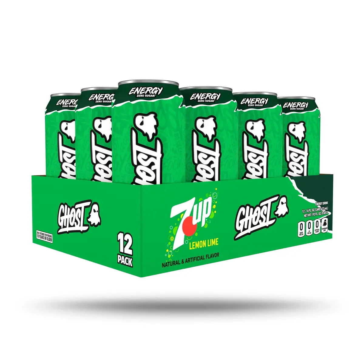 Ghost x 7UP Lemon Lime 0 Sugar Caffeinated Energy Beverage, 16 fl oz (473 mL) - 12 Pack
