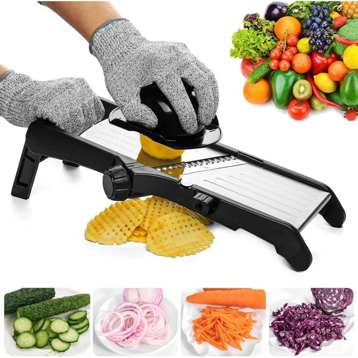 Mandoline Slicer for Kitchen, Stainless Steel Professional Vegetable Slicer with Adjustable Thickness, Ultra Sharp Blades, Safety Gloves & Food Holder, Ideal For Potatoes,Onions,Cucumbers