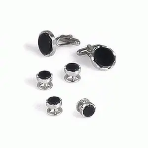 Genuine Onyx Stone Castle Tuxedo Cufflinks and Studs Silver