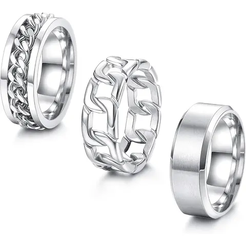 3Pcs Stainless Steel Silver Rings for Men Women Finger Rings Stainless Steel Plain Band Ring Cuban Link Chain Rings Spinner Ring Men's Promise Wedding Rings Set Size 6-14