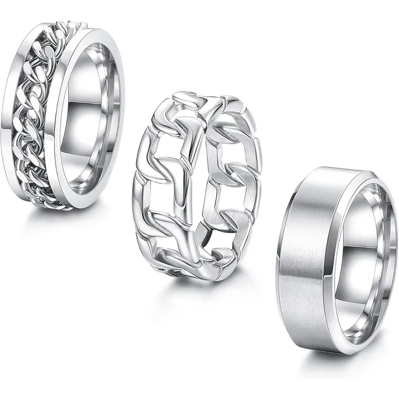 3Pcs Stainless Steel Silver Rings for Men Women Finger Rings Stainless Steel Plain Band Ring Cuban Link Chain Rings Spinner Ring Men's Promise Wedding Rings Set Size 6-14