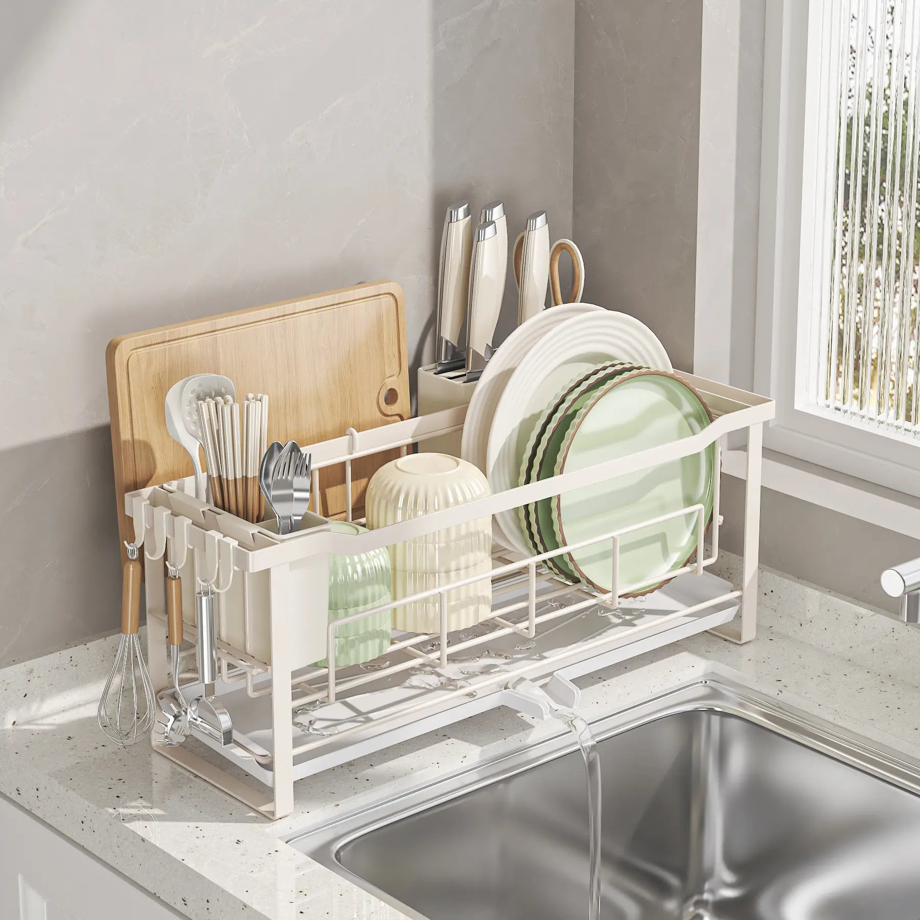 Expandable Plate Rack with Drain Board and Cutlery Holder, Sturdy Modern Kitchen Drain Rack, Essential Kitchen Organization Accessory
