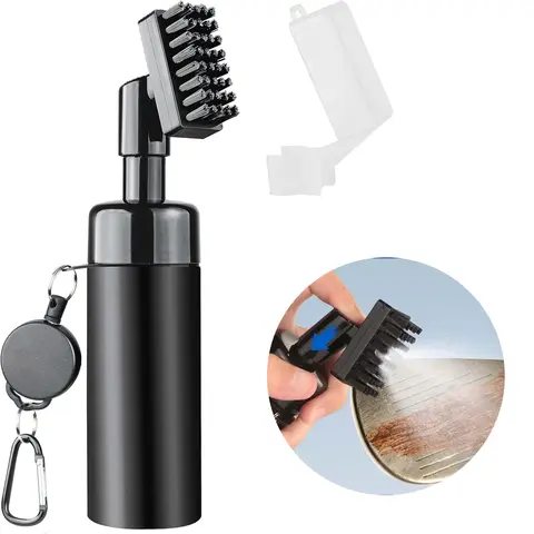 Professional Golf Club Cleaning Tool - 2-in-1 Portable Nylon Bristle Plastic Cleaner Brush with 5oz Leak-Proof Press-Pump Water Spray Bottle, 2" Aluminum Carabiner Clip, Essential Accessory for Home & Outdoor Golf Use