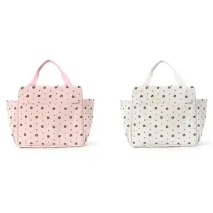 Pink and White Star-Patterned Corduroy Insulated Bento Tote, Large-Capacity Portable Lunch Bag for Students