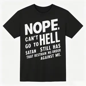 Men's Oversized Natural Fabric Round Neck Soft Cotton Short-Sleeve 'NOPE NOT GOING to HELL' Printed Tshirt, Personalized Satanic Quote Statement Top, Breathable Streetwear for Daily Sports & Outdoor Wear