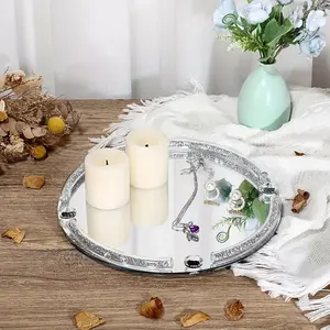 Elegant Silvery Crystal Glass Vanity Tray - Round, Mirror-Finish Cosmetic & Jewelry Organizer for Bathroom and Bedroom Decor Racks Multicolor