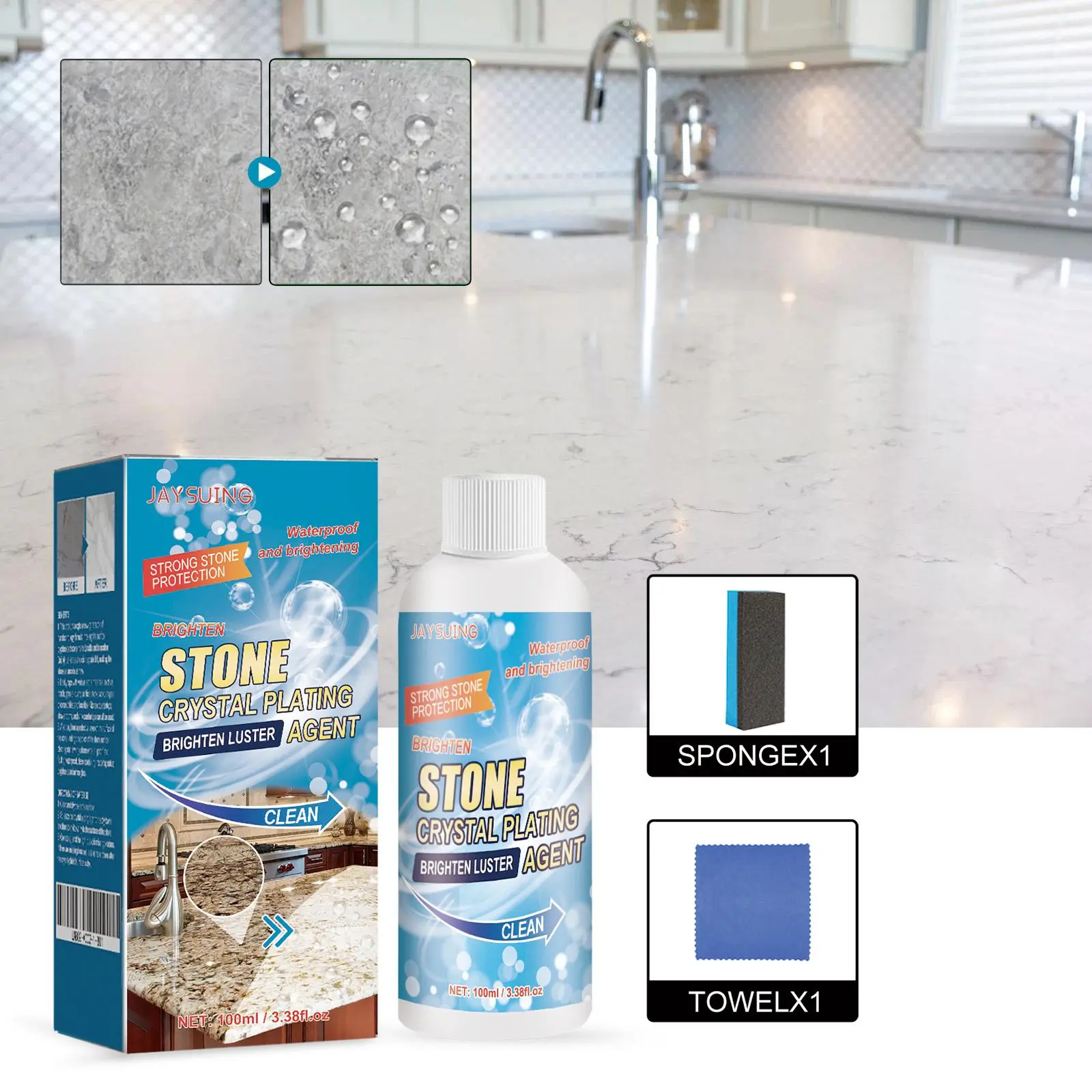 【Magic for your countertops】 Stone Crystal Coating Agent Set for Kitchen Quartz Tile Countertop Scratch Repair Stain Cleaning & Brightening with Sponge & Towel，Black Friday, Christmas gifts, Halloween gifts