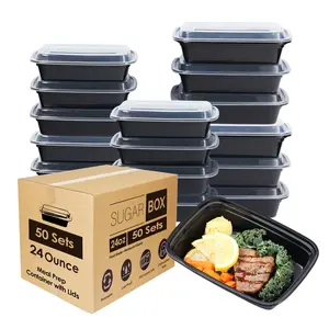24oz 50/150pk Rectangle Black Meal Prep Containers with Lids Party Plates Catering Plates Reusable Stackable Microwave Safe