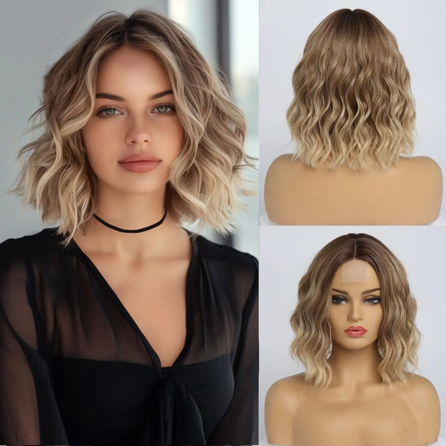 Short Ombre Blonde Wavy Wig For Women 14 Inch Shoulder Length Middle Part Curly Wavy Bob Wig Looking Synthetic Heat Resistant Fiber Wig For Daily Party Use