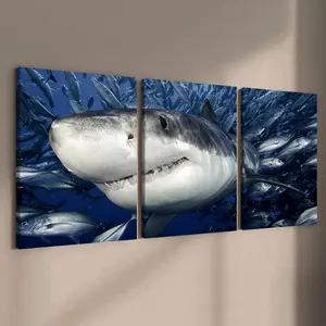Wooden Framed Canvas Painting, 3 Counts Giant Shark Pattern Wall Art, Modern Art for Home Living Room Bedroom Office Decoration