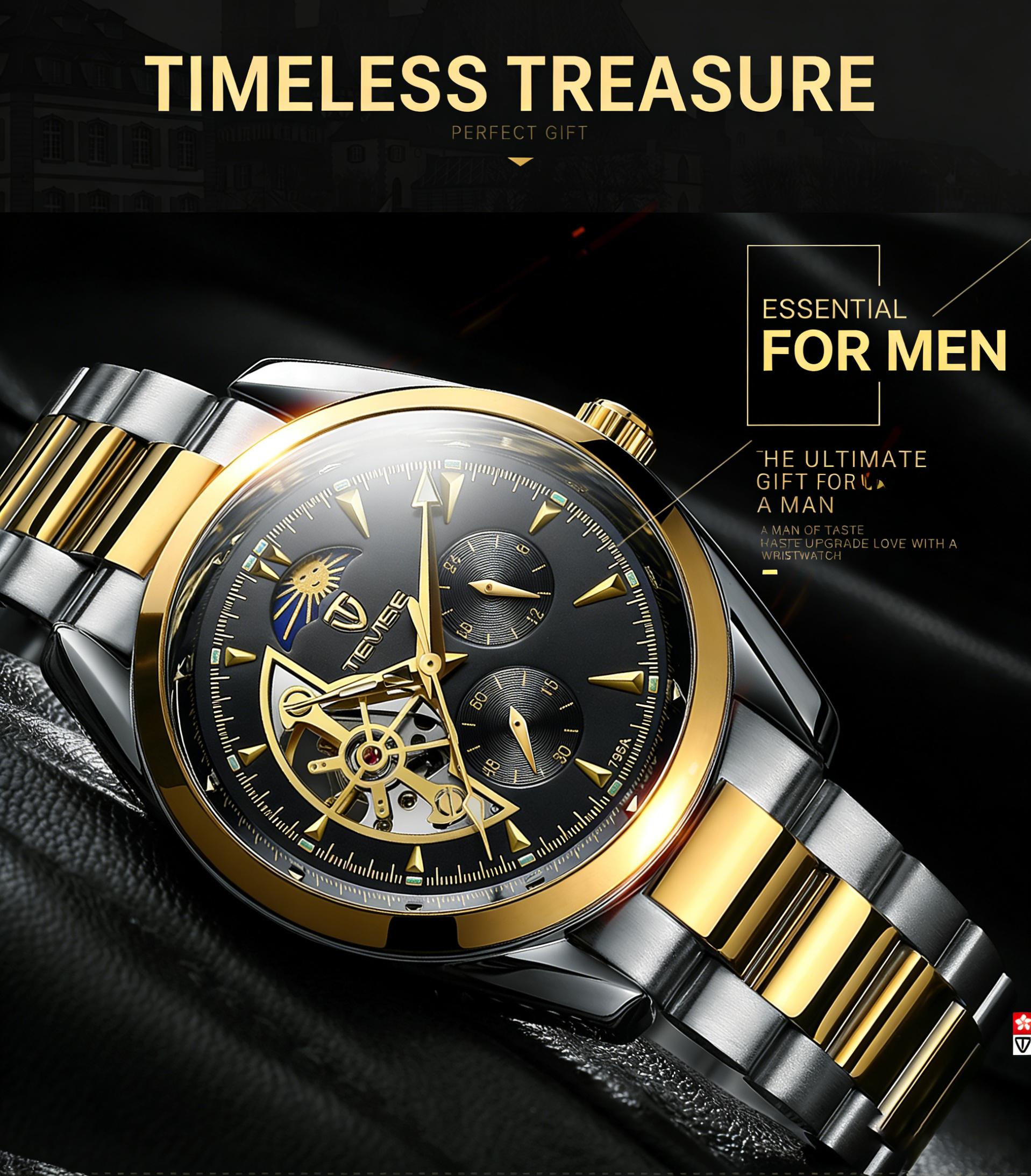 Luxury Men's Skeleton Watch, Moon Phase, Automatic Movement, Business Stainless Steel Wristwatch