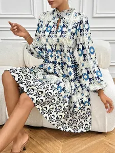 Women's Fashion Chic Vintage Spring Blue Ethnic Pattern Long Sleeve Fitted Dress, Stand Collar Tie Waist Midi Skirt, Casual Elegant Aesthetic