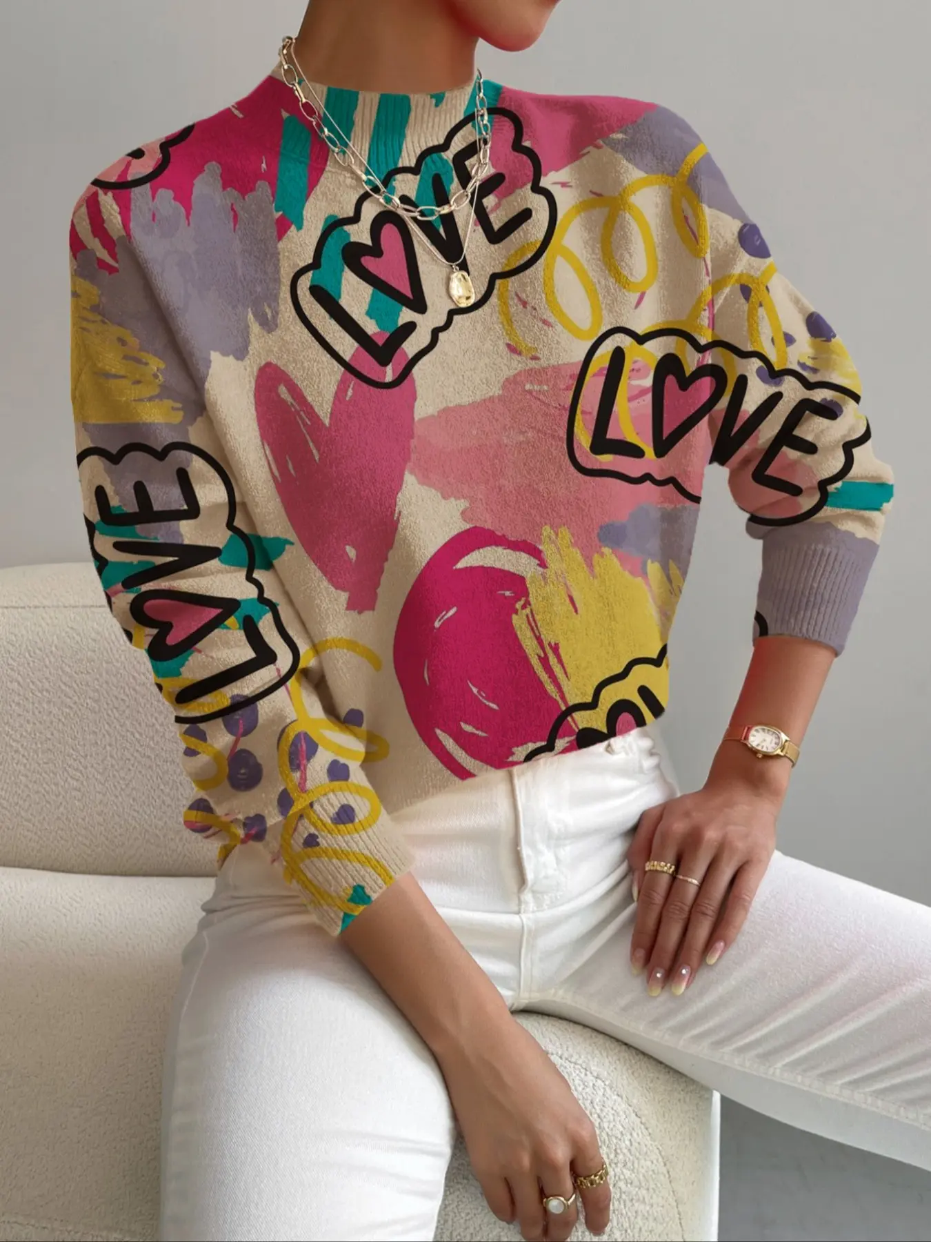 Women's Fall Winter Graphic Heart Print Knit Sweater, Elegant Casual Commute Wear, Valentine's Day Gift, Holiday Style