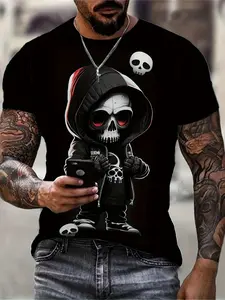 Men's 3D Printed Cute Skull Pattern T-Shirt - 100% Polyester Casual Short Sleeve Hat Character Design, Elastic Crew Neck Summer Top Suitable for Outdoor and Daily Wear