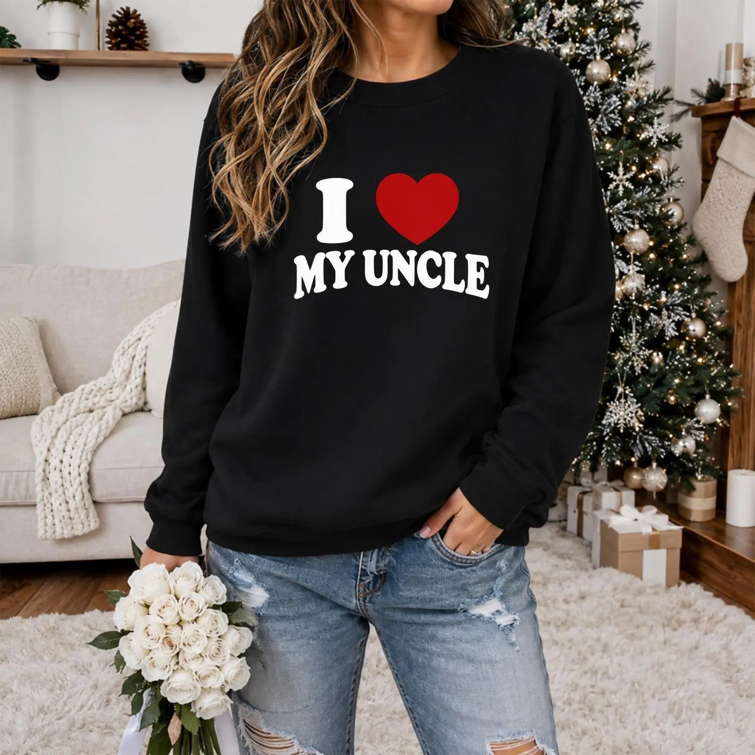 I Love My Uncle Retro Statement Sweatshirt Family‑Love Heart Print Casual Long Sleeve Pullover for Uncle Birthday Gift Cozy Womens Apparel