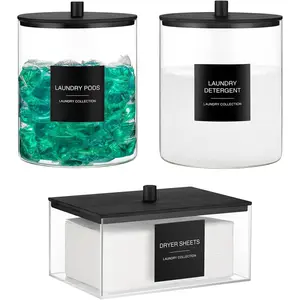 Laundry Collection Glass Jars Set of 3 - 27 Minimalist Labels & Dryer Sheet Holder - Detergent Containers for Laundry Room Organization - Black