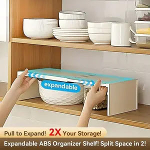 Expandable Kitchen Organizer Shelf - Adjustable Expandable design, Heavy-Duty Plastic Construction, No Tools Needed, Space-Saving Storage Rack for Cabinets, Countertops, Pantry - Compatible with Two-Shelf Organizer
