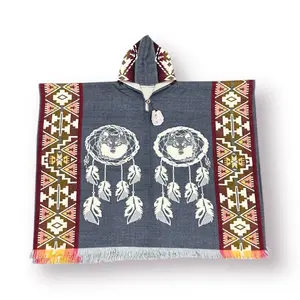 Alpaca Wool Poncho “Dream Catchers & Wolfs” - Warm and Soft