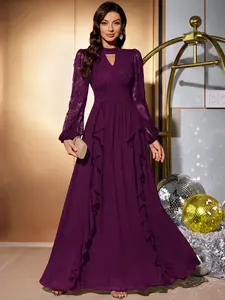 MIUSOL 54377A Lace Keyhole Neckline Lantern Sleeve Ruffle Trim Formal Party Maxi Dress