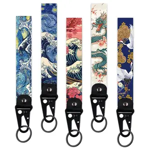 Wave Pattern Keychain For Women Men Starry Sky Short Wrist Straps Japanese Waves Car Key Ring Holiday Gifts Universal Key Pendant Wristlet Keychain Lanyard for Keys Cool Short Lanyard Wrist Strap for Women Men Car Keys Wallet Phone Camera