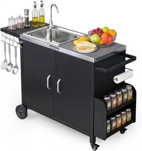 ROVSUN Outdoor Grill Cart with Sink, 304 Stainless Steel Sink, Movable Prep Table w/Cabinet, Rolling Kitchen Island w/Spice Rack and Hooks, Paper Racks for Backyard Cooking, Patio, Gardens