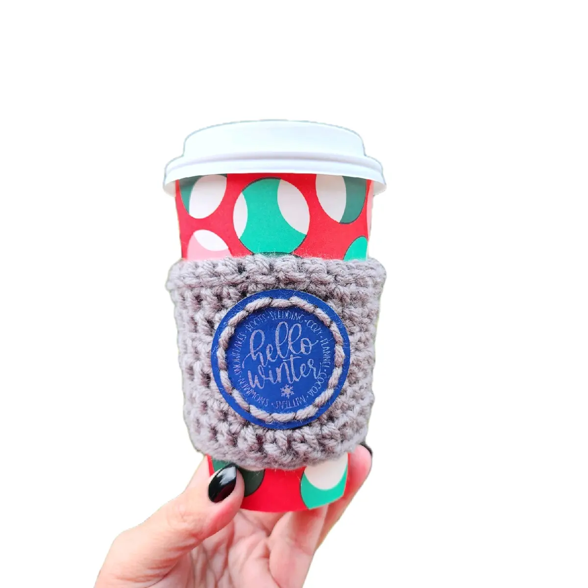 Hello Winter Coffee Cup Coozie, To Go Cup sweater, grey with blue patch