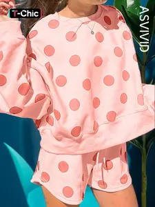 Women's Casual Wear Polka Dot Print Long Sleeve Drop Shoulder Pullover Drawstring Shorts Set, Top, Long Sleeve, All Seasons, 2 Piece Set