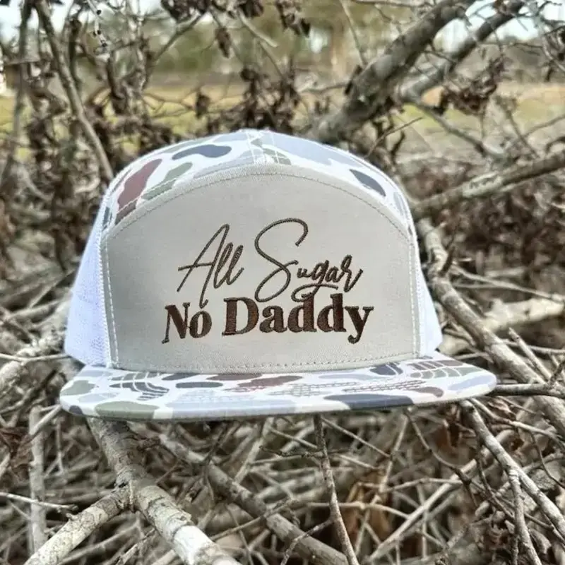 [ BUY 2 FOR 1 PRICE ] All Sugar No Daddy Embroidered Trucker Hat, Camo, Black, White, Khahi/ Brown 7 Panel Trucker Hats, Fitted Unisex